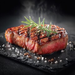 Juicy Grilled Wagyu Steak With Fresh Herbs on a Black Stone Surface