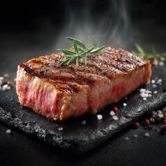 Juicy Grilled Wagyu Steak With Fresh Herbs on a Black Stone Surface