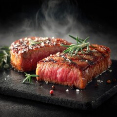 Juicy Grilled Wagyu Steak With Fresh Herbs on a Black Stone Surface