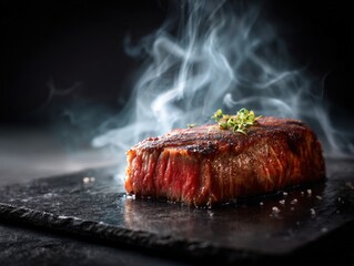 Juicy Grilled Wagyu Steak With Fresh Herbs on a Black Stone Surface