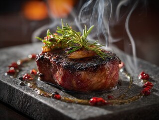 Juicy Grilled Wagyu Steak With Fresh Herbs on a Black Stone Surface