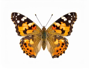 Colored butterfly close view over white background, no shadow