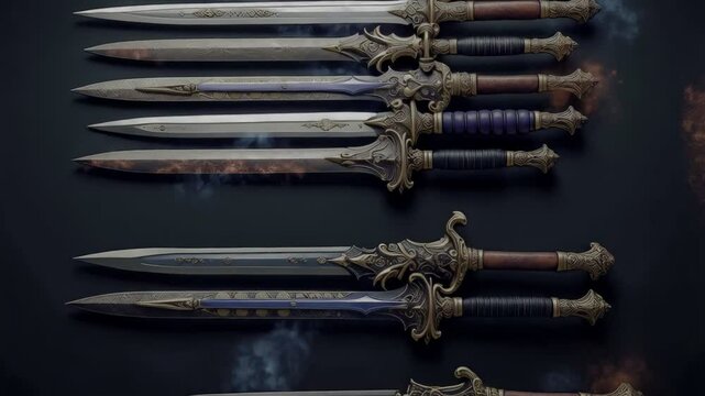A collection of ornate, fantasy-style daggers with detailed hilts and darkened blades, stacked against a dark, smoky background