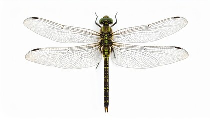 Dragonfly close view over white background, no shadow