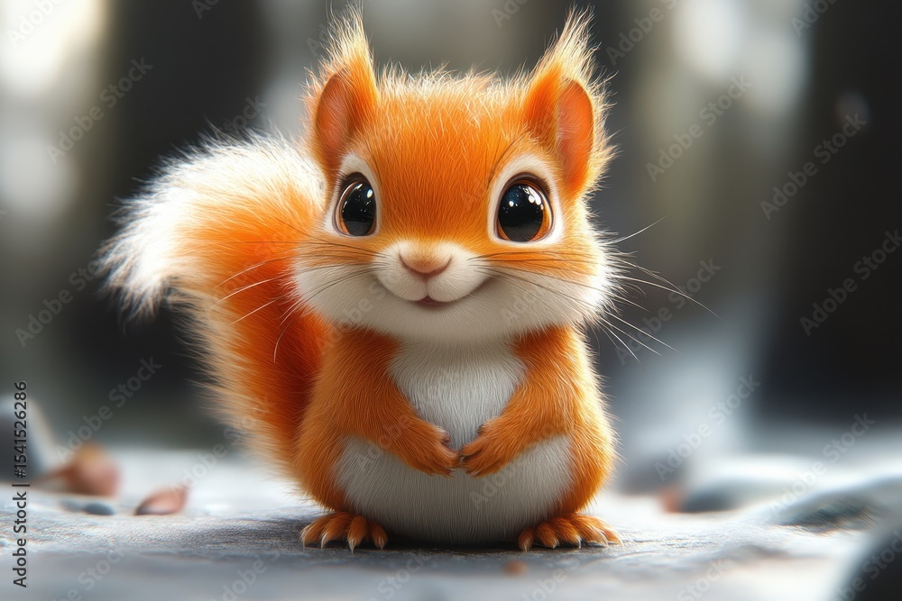 Poster cute orange squirrel sitting on the ground with a playful expression in a forest setting during dayt