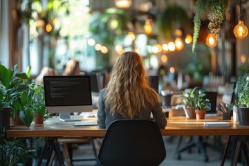 Focused individual working in a modern office filled with plants during daytime