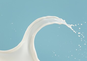 Milk splash with droplets suspended in air against a light blue background