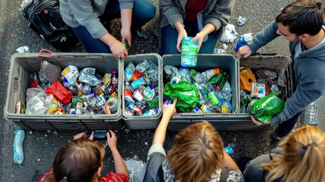Group of young people organizing recyclable materials during community cleanup, POV Group of young people sorting garbage, throwing in a recycle bin