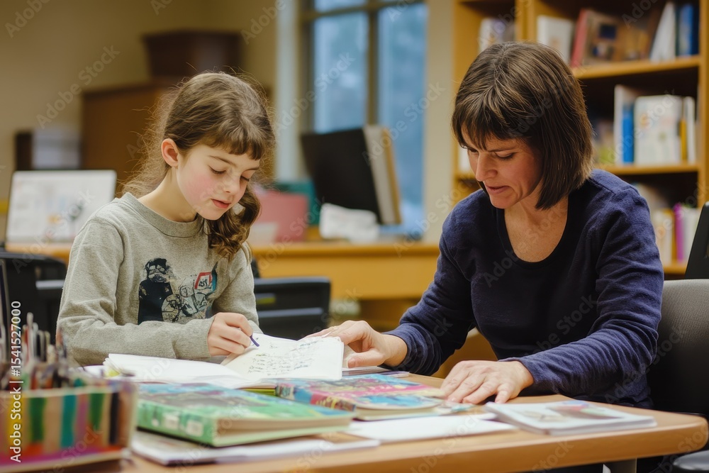 Poster teaching and learning take place in a cozy library environment as a child engages with a mentor in c