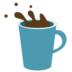 Blue coffee mug with brown splash and drops on white background in flat minimal breakfast drink style