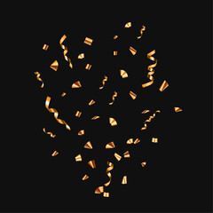 Golden shiny confetti and serpentine elements flying on black background festive celebration design