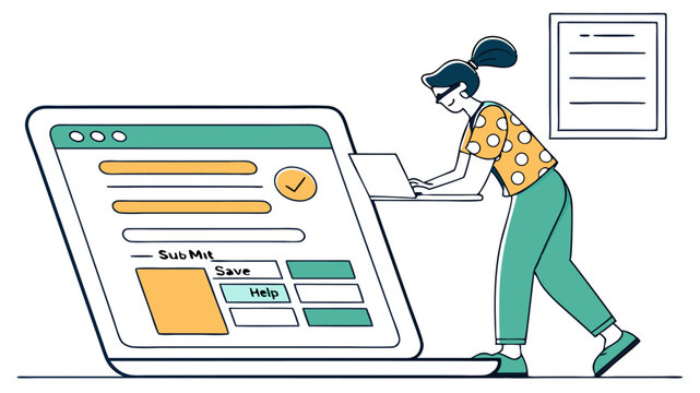 Woman interacting with a large laptop screen showing a form with submit save and help buttons visible