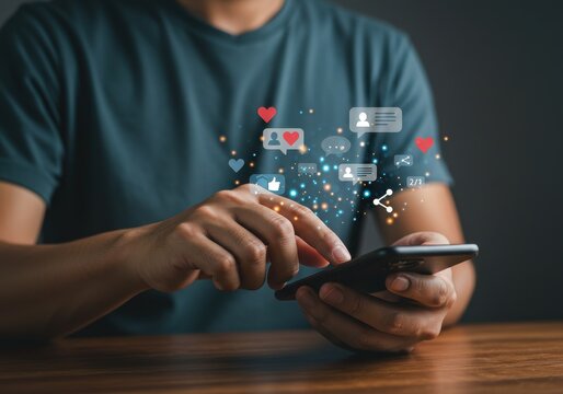 Person using smartphone with social media notifications and icons overlaying screen