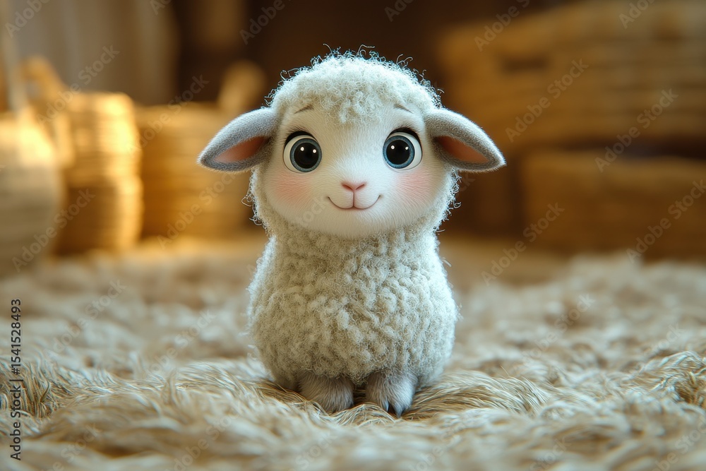 Poster cute fluffy cartoon sheep stands on a soft surface in a cozy setting with baskets in the background