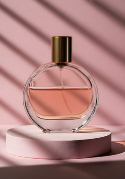 perfume bottle on pink background, elegant fragrance product photography
