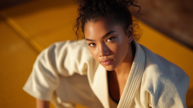 Young woman practicing judo throw with black belt on mat