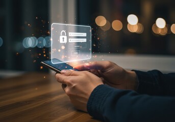 Smartphone user accessing secure login with digital interface overlay
