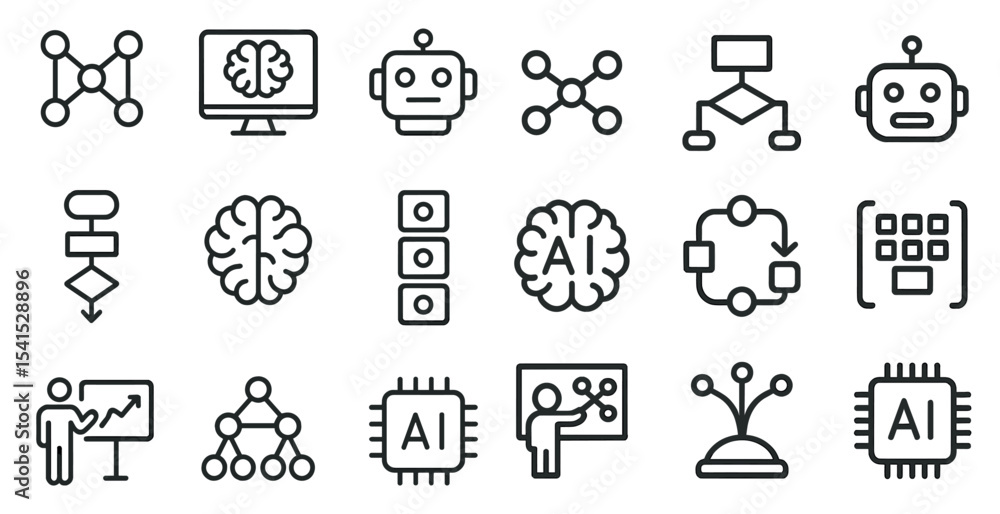 Poster artificial intelligence outline icons set – linear, tech, digital transformation symbols