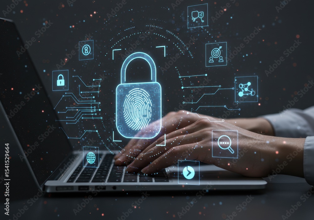 Poster hands typing on laptop with digital security lock overlay, cybersecurity concept ai generated