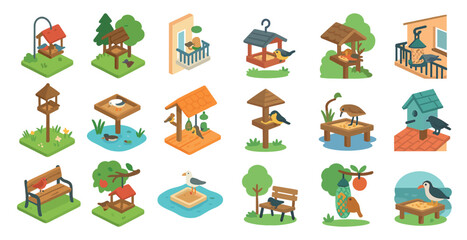 Fototapeta premium Backyard and garden icons set – isometric, flat, outdoor and nature symbols