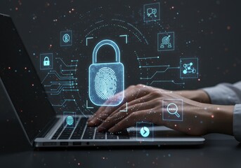 Hands typing on laptop with digital security lock overlay, cybersecurity concept ai generated