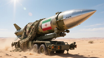 Military truck transports a ballistic missile through rough terrain, heading to a launch site. Perfect for war, defense, military logistics, and global conflict themes