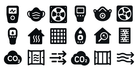 Air quality solid icons set – flat, filled, pollution and ventilation symbols