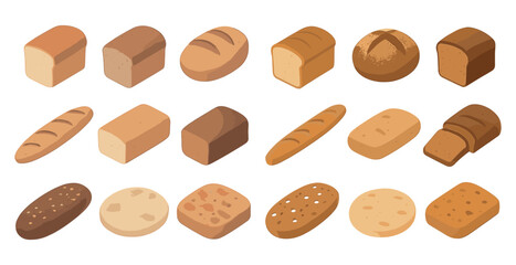 Bakery and bread icons set &ndash; isometric, flat, pastry and baking symbols