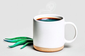 White Speckled Mug of Steaming Coffee with Teal Leaves