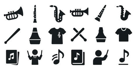 Obraz premium Music and instruments solid icons set – filled, silhouette, melody and band symbols