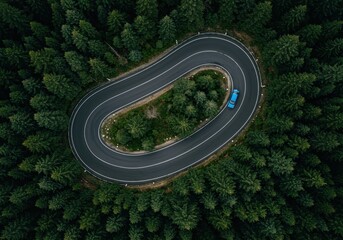 Blue car driving on a winding road through a dense forest from above ai generated