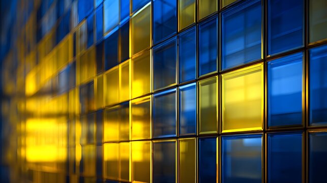 Abstract pattern of blue and yellow glass tiles reflecting light in a modern architectural setting