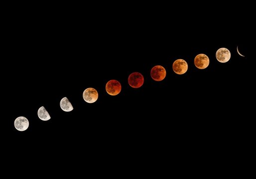 Lunar eclipse sequence showing moon phases against a black sky ai generated