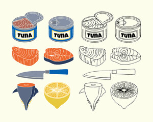 Tuna illustration set including canned tuna, raw fillets, knives, lemon slices, and fish bodies in color and outline versions.