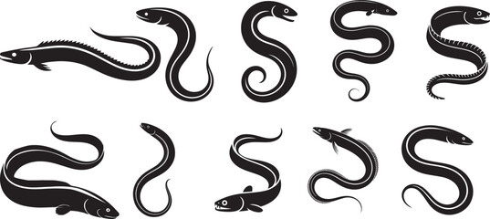 Collection of black silhouettes various eel species. eps-10
