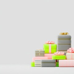 A Pile of Pink and Green Gift Boxes on White Background