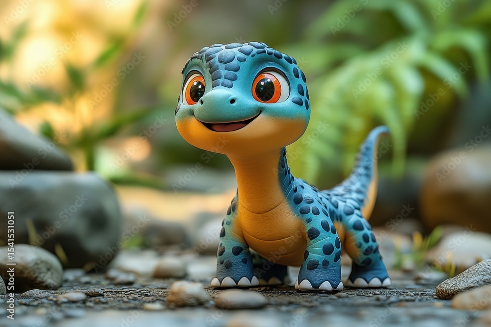 Aufkleber colorful dinosaur toy standing on pebbles in a natural setting with greenery, creating a playful atm