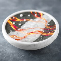 Abstract Digital Artwork of Glowing Orange Fire and White Pearls in Marble Bowl