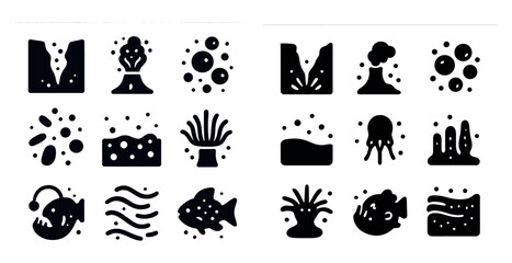Geology and volcano silhouette icons set – filled, solid, earth science symbols