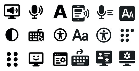 Accessibility and digital communication solid icons set – web, filled, user interface symbols
