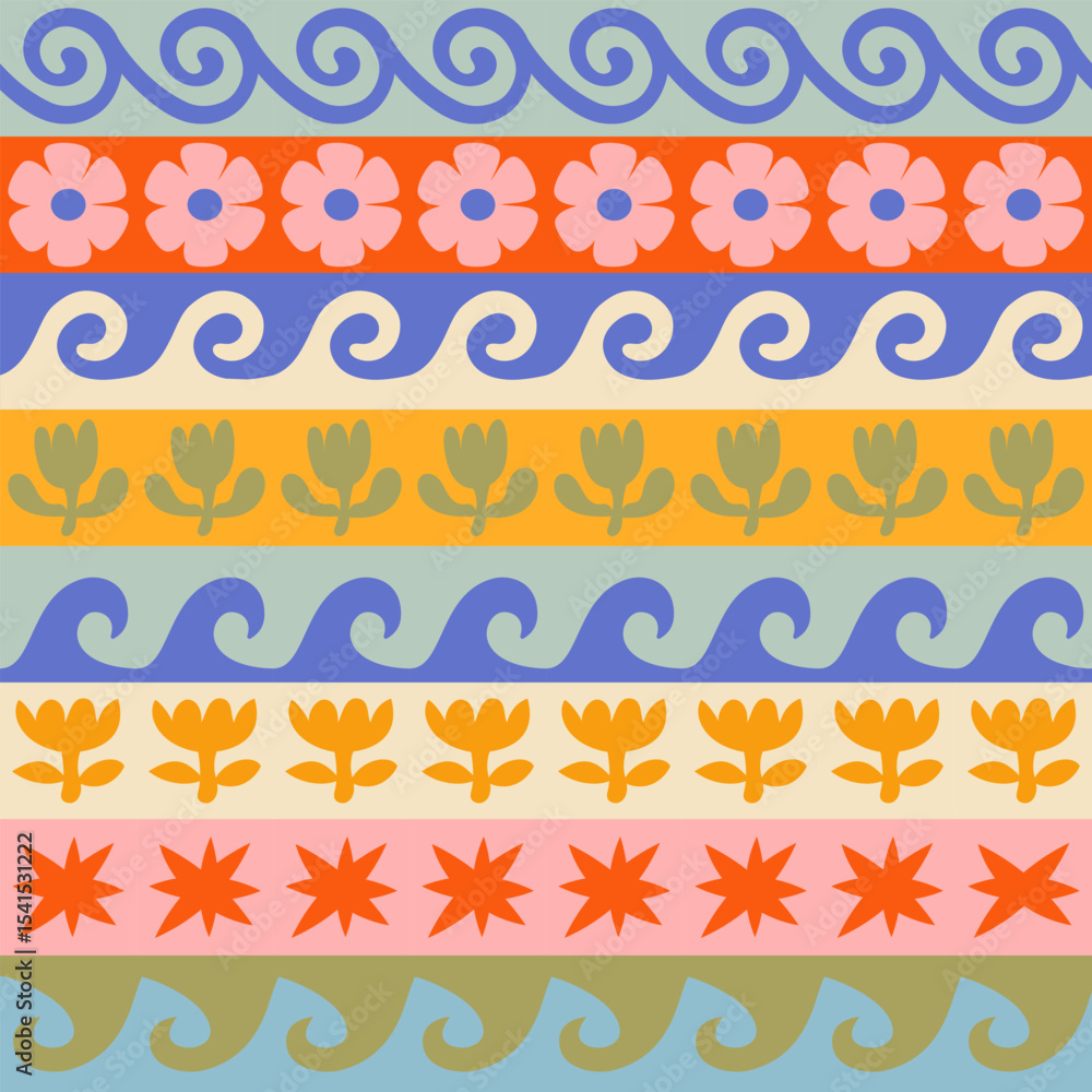 Poster vector seamless pattern in simple groovy naive style, geometric shapes hand drawn design background,