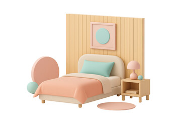 Modern bedroom interior with teal accents and wooden headboard