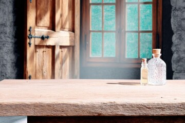 Aged Wooden Tabletop With Glass Bottles in Rustic Interior