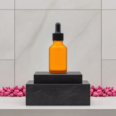 Amber Glass Dropper Bottle on Black Display with Pink Accents