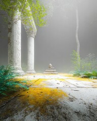 Ancient Stone Temple Ruins in Mist