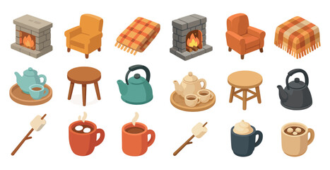Cozy living room isometric icons set – 3d, furniture, tea, and fireplace symbols