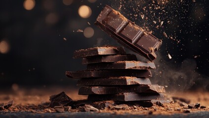 Dark chocolate bar, stacked, falling into powdered cocoa