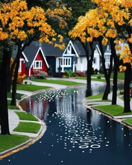 Autumnal Suburban Street with Colorful Houses and Reflecting Water
