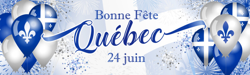 Happy holiday Quebec June 24 French banner. Happy Quebec Day greetings design. Billboard template with isolated 3D graphic elements. Web special offer button. Blue and white colours. Flag background.