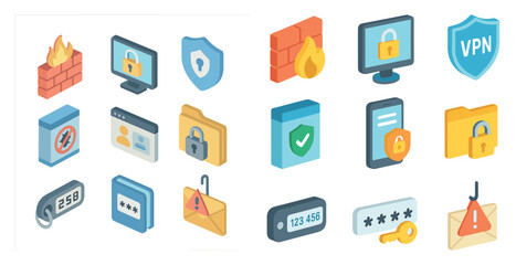 Fototapeta premium Cybersecurity isometric icons set – 3d, tech, data protection symbols